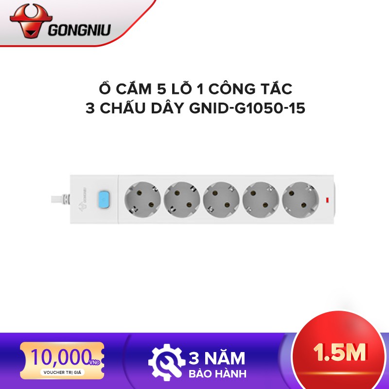 Ổ cắm điện Gongniu GNID-G1050, Ổ cắm 5 lỗ 1 công tắc 3 chấu - Hàng chính hãng 100% bảo hành 3 năm toàn quốc