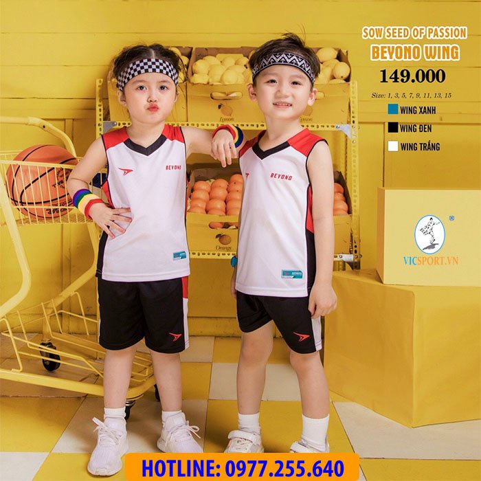 Quần Áo Bóng Rổ Trẻ Em Không Logo BEYONO WING Màu Trắng Cao Cấp Cực Xịn Cho Bé - Vicsport