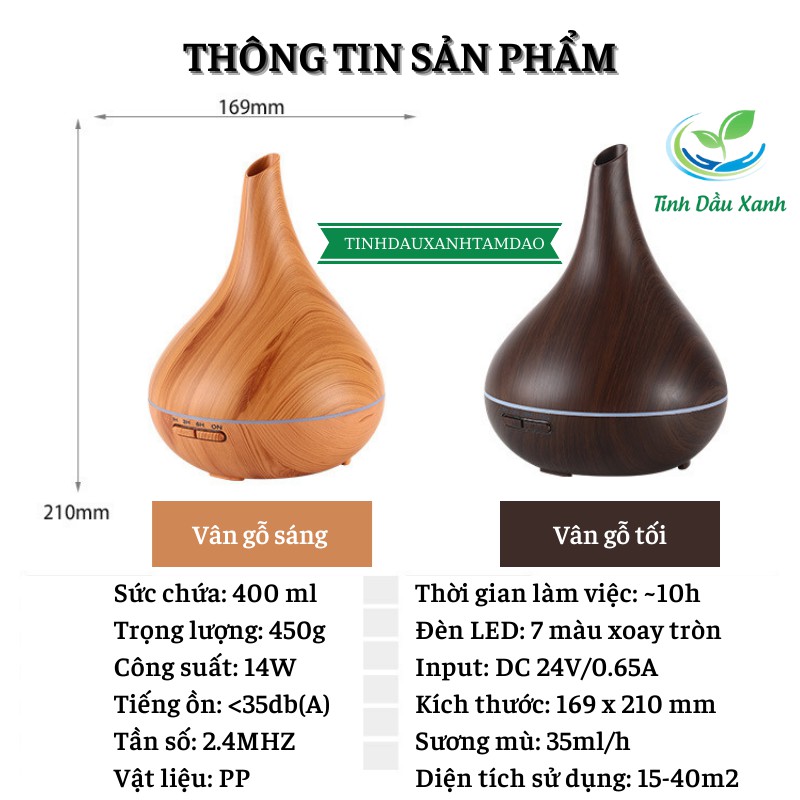 Máy Khuếch Tán Tinh Dầu Phòng Ngủ Tinh Dầu Xanh Hồ Lô Vân Gỗ Phun Sương Siêu Âm 500ML Tặng Tinh Dầu Thiên Nhiên 10ML