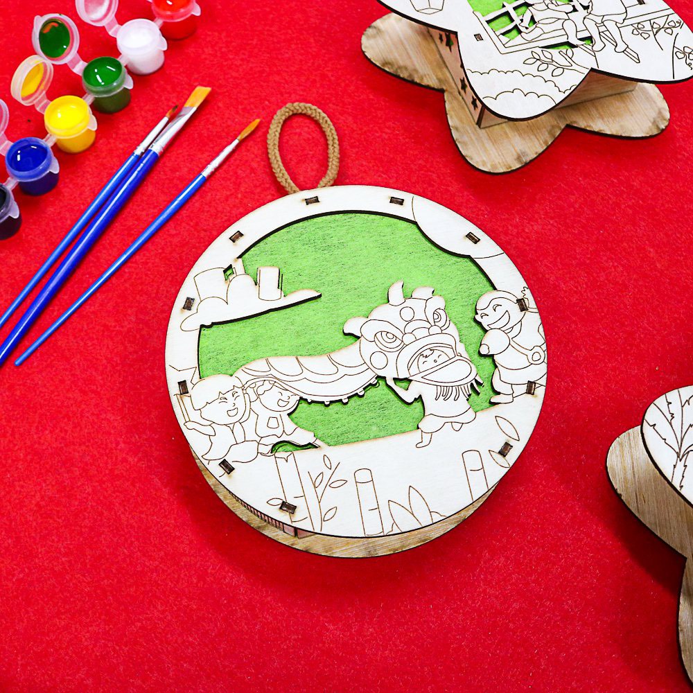 Đèn lồng gỗ trung thu, lồng đèn trung thu truyền thông handmade Diy bé tự tô màu sáng tạo đủ phụ kiện kèm màu tô và đèn