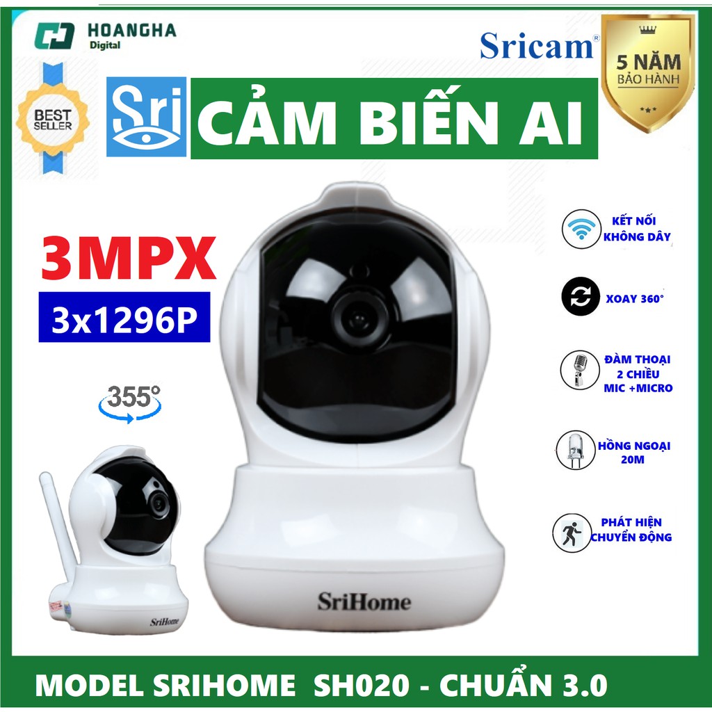 Camera 3.0 Mpx IP Wifi SriHome SH020 Chất Lượng HD+ 1296 Pixel - Bảo Hành 5 Năm lỗi đổi mới 14 ngày