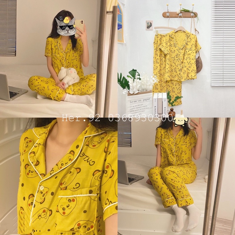 Đồ bộ nữ mặc nhà dễ thương, bộ ngủ hoạt hình cao cấp tay cộc quần dài mùa hè chất đũi lụa tơ Thái