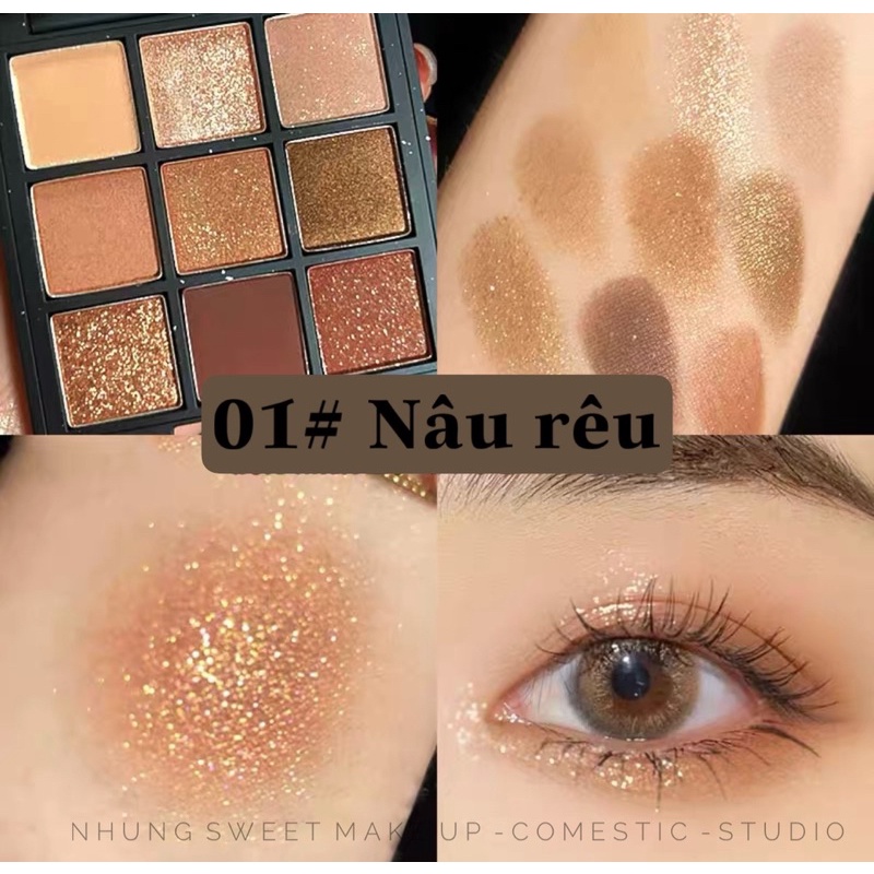 Bảng mắt đủ tông màu từ hồng nude nâu, nâu lạnh pha ánh rêu, nâu cà phê, tới color sắc màu  9 ô màu siêu nhỏ gọn
