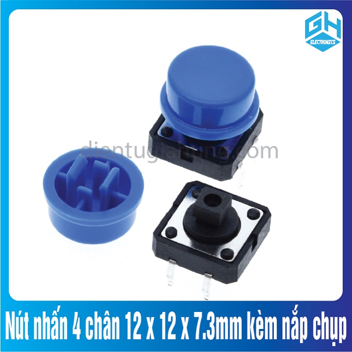 Combo 10 cái Nút nhấn 4 chân 12 x 12 x 7.3mm cùng màu kèm nắp chụp