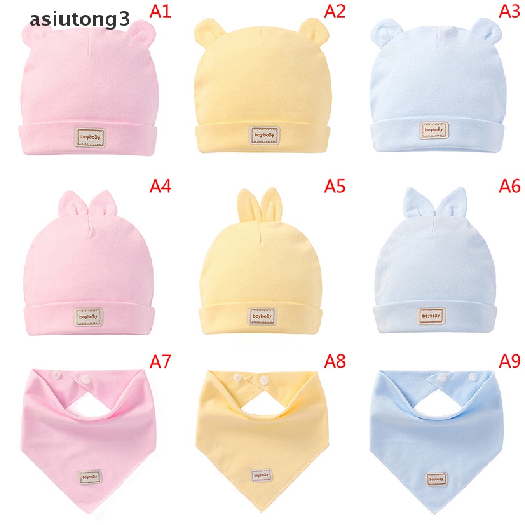 Set mũ và yếm ăn cotton 3 màu sắc cho bé 0-3 tháng tuổi