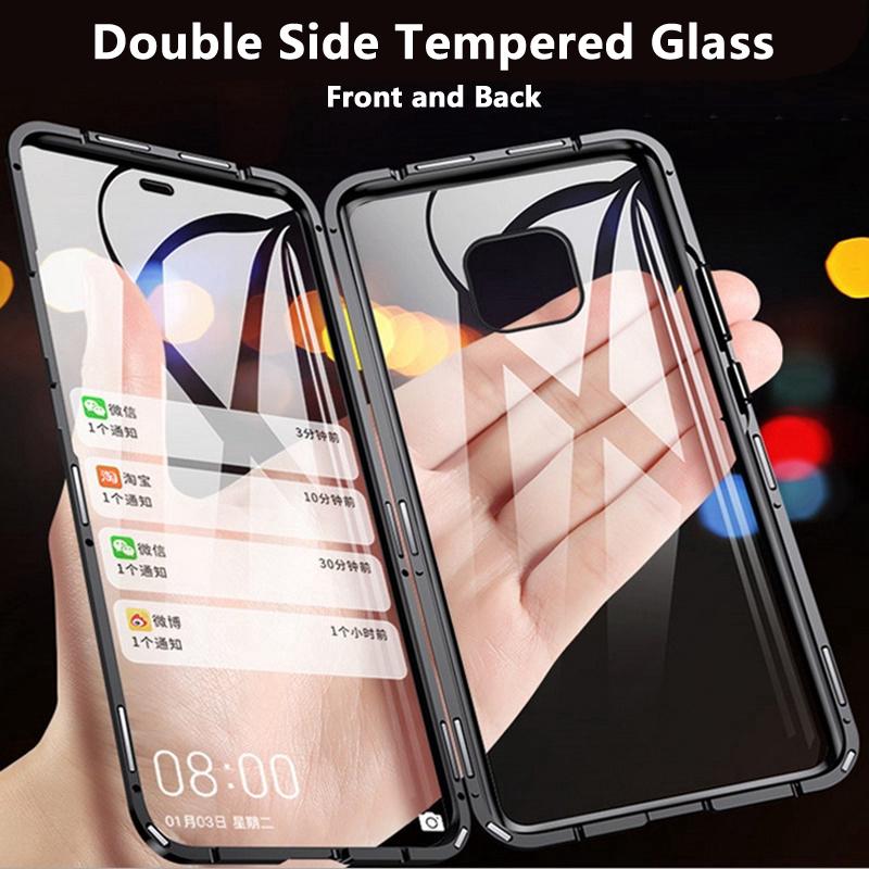 Double Tempered Glass Magnetic Phone Casing Case For Huawei Mate 20 Pro Back Full protective Cover with Front + Black Tempered Glass