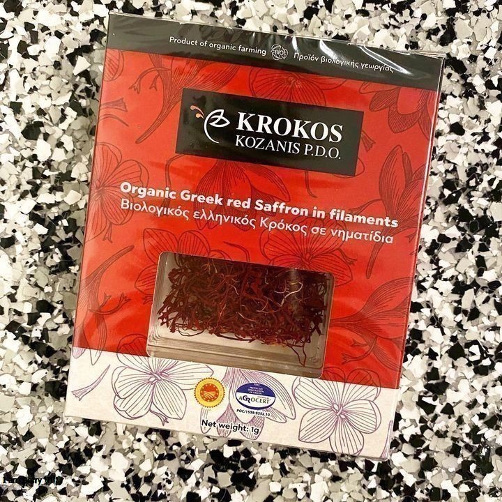 Nhụy hoa Nghệ Tây đỏ hữu cơ Hy Lạp hộp giấy đỏ/lọ thủy tinh nhãn hiệu Krokos Kozanis 1g