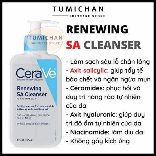 [SALE SỐC] Sữa rửa mặt CeraVe Renewing SA Cleanser 237ml - bản Mỹ - da mụn, da dầu, da hỗn hợp