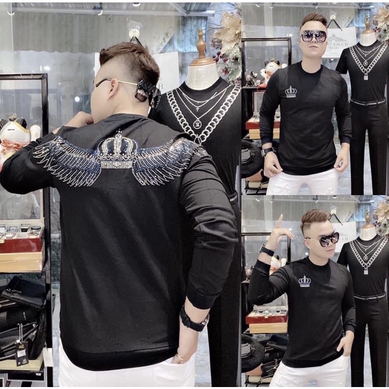 Áo nỉ nam D&amp;G thời trang có hoạ tiết mầu đen, Áo thun dài tay mùa đông phong cách cá tính btshop từ 50 đến 75 kg