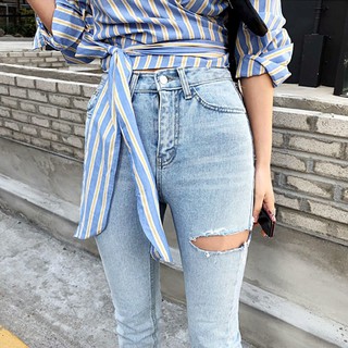 Sinh Viên Retro Thời Gian Màu Sắc Ánh Sáng Bên Rách Quần Jean Nữ Hàn Quốc Cao Cấp Slim-fit Slim-fit Phù Hợp Với Viền Nguyên Quần Dài Đến Mắt Cá Chân Slim fit Beggar Quần Chải