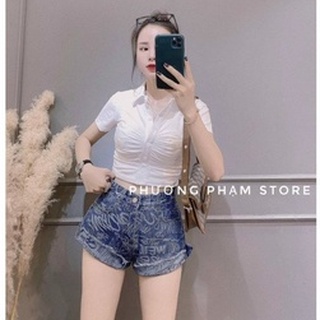 Quần jean nữ đùi rách lai họa tiết chữ cá tính ly