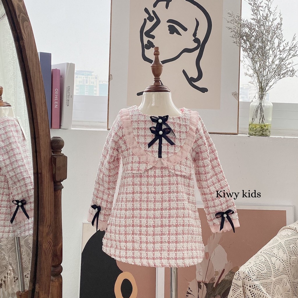 Váy dạ lót lông bé gái Kiwy Kids chất liệu dạ tweed ấm áp đính nơ dễ thương Kids70 cho bé gái từ 1 đến 7 tuổi