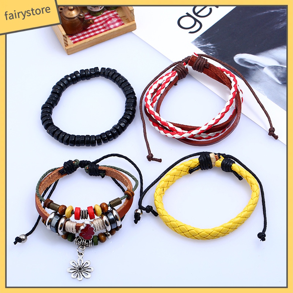 4 Vòng tay da giả nhiều lớp đính hạt gỗ phong cách dân tộc cổ điển cho nữ
