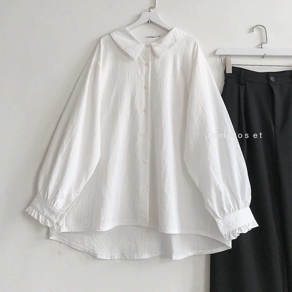 Áo Sơ Mi Nữ Kiểu Dài Tay Sơ Mi Trắng Nữ Bánh Bèo Tiểu Thư Tay Phồng Cổ Tròn Form Rộng Trơn Basic OURI 1660 Gous Official