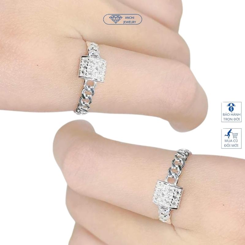 Nhẫn nữ mặt vuông thân xích đính đa, chuẩn bạc ta, Anchi jewelry