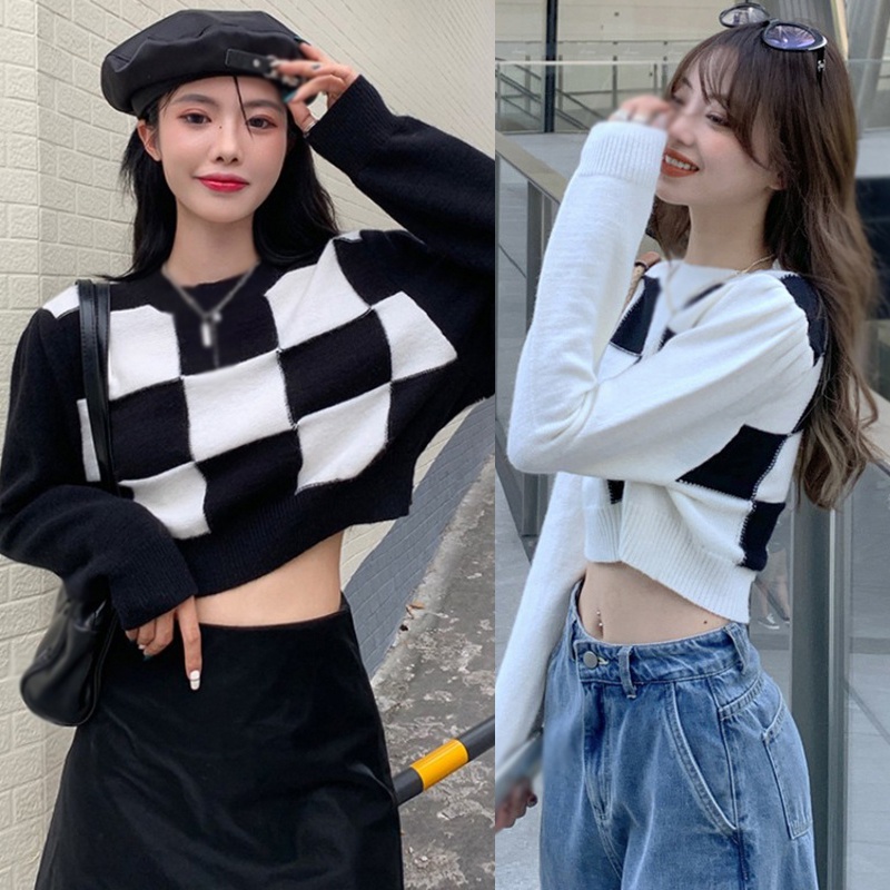 Áo croptop dệt kim tay dài cổ tròn phong cách thời trang hàn quốc dành cho nữ Sweater