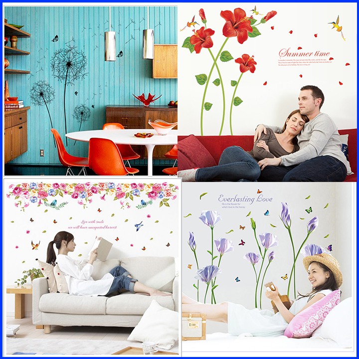 COMBO 4 bộ decal dán tường Hoa dán trang trí phòng khách - phòng ngủ (inbox shop chọn mẫu)