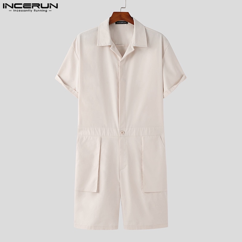 Áo liền quần INCERUN tay ngắn màu trơn phối hàng nút thời trang cho nam
