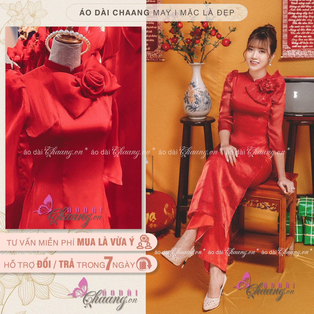 Áo Dài Tết Cách Tân Nữ 4 Tà Lụa Tơ Kim Đỏ Da Hồng Đính Nơ Hoa Thủ Công Dự Tiệc Du Xuân Đẹp