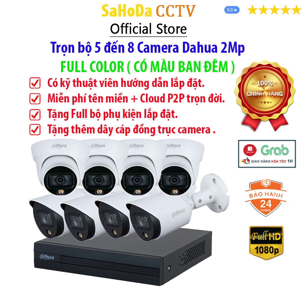 Bộ camera Dahua Full Color, Trọn bộ camera Dahua có màu ban đêm 8 mắt 2.0Mp chính hãng, đầy đủ phụ kiện lắp đặt