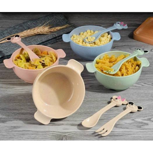 Bộ bát ăn dặm lúa mạch kèm thìa dĩa cho bé Spork Bowl loại dày dặn