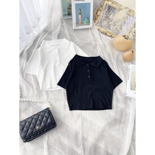 Áo croptop gân đũa cổ bẻ