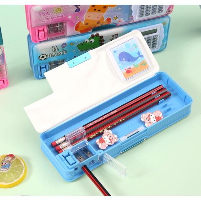Hộp bút Nhựa Nắp từ tính 2 mặt kèm gọt chì nắp in hình thú gắn máy tính mini siêu xinh
