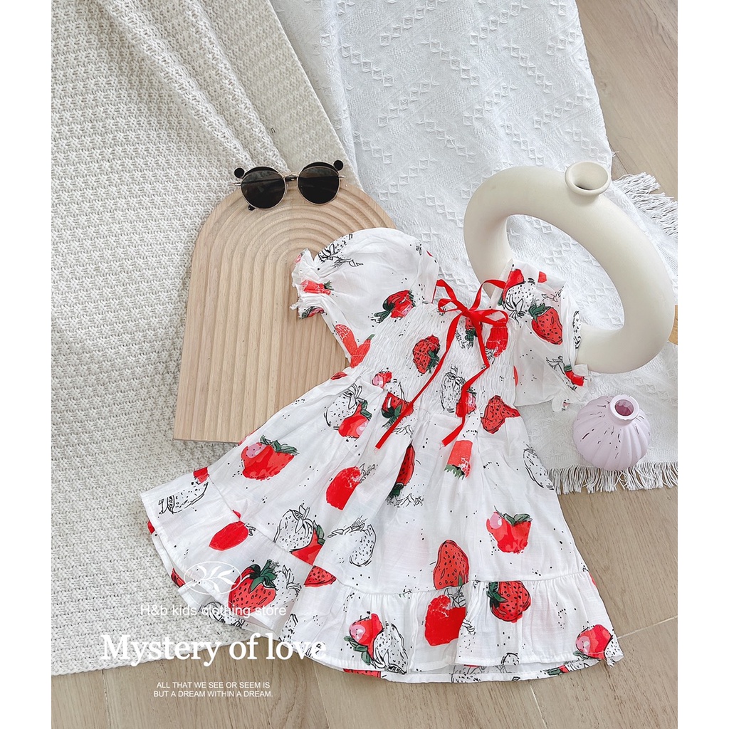 Váy dâu tây cho bé gái từ 8-18kg Kidbabyonline K112- Váy bé gái vải thô siêu mát