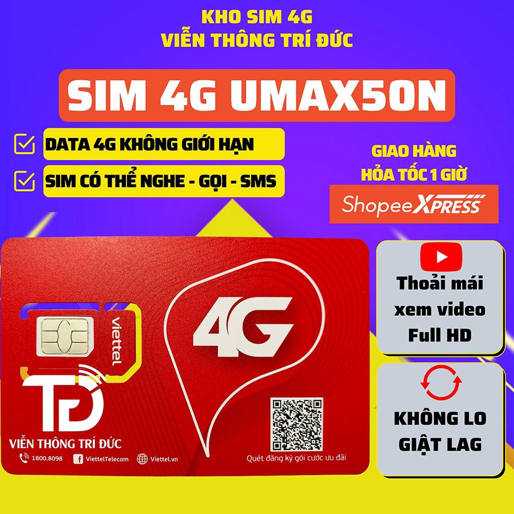 Sim 4G Viettel UMAX50N Data Không giới hạn, Max băng thông, Sim Phát Wifi, Thoải mái xem phim, chơi game, dùng toàn quốc