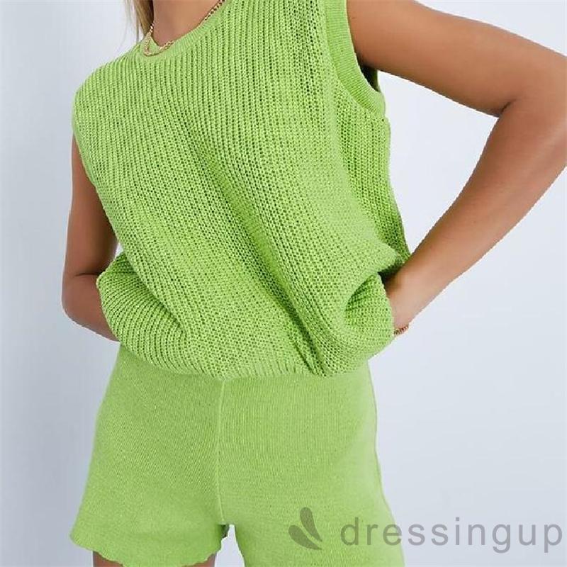 Set Đồ 2 Món Gồm Áo Dệt Kim Cổ Tròn Dáng Rộng Màu Sắc Đơn Giản + Quần Short Nhiều Màu Cho Nữ