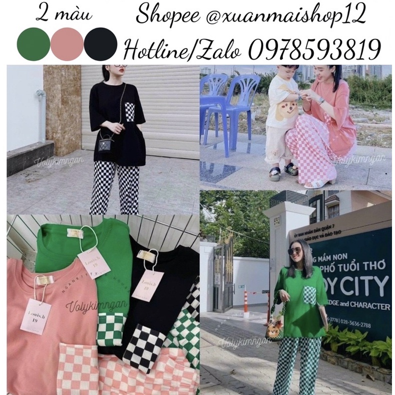 [FREESHIP] Set áo thun cách điệu sau lưng có túi trước ngực + quần dài ống rộng hoạ tiết caro