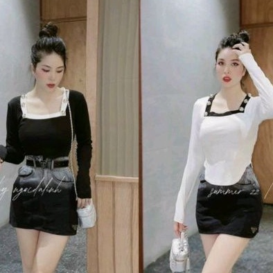 Áo cổ vuông vạt bầu phối nút 2 bên sang chảnh A15..