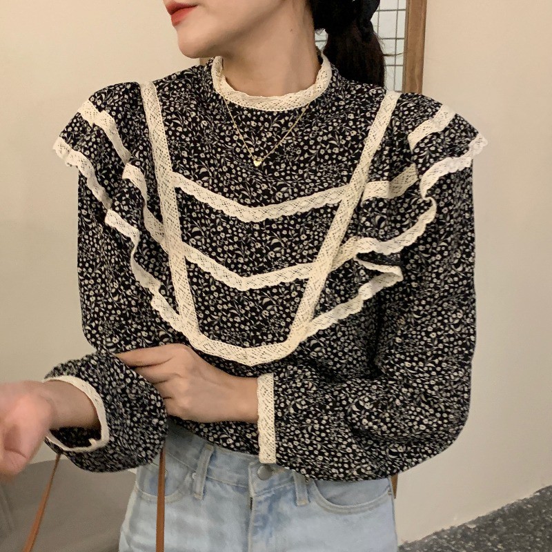 Áo sơ mi Hàn Quốc sang trọng mùa thu kiểu retro cổ điển ren hoa nhỏ ở cổ áo - Hàng order