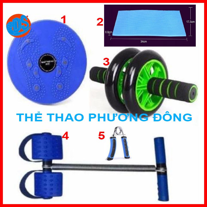 Bộ dụng cụ tập thể dục tại nhà: đĩa xoay, dây kéo, con lăn, thảm lót, bóp tay.
