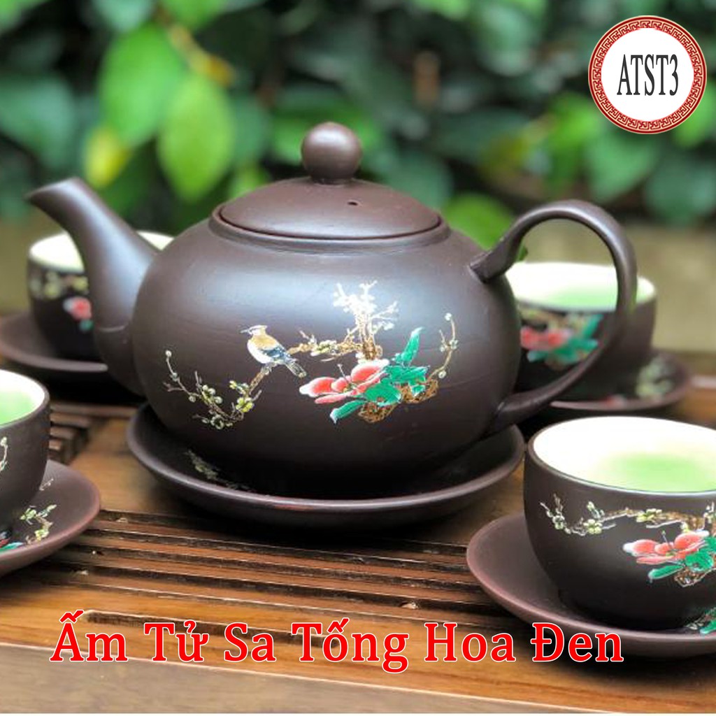 Ấm Chén Tử Sa Bát Tràng Họa Tiết Lan Hoa Màu Đen