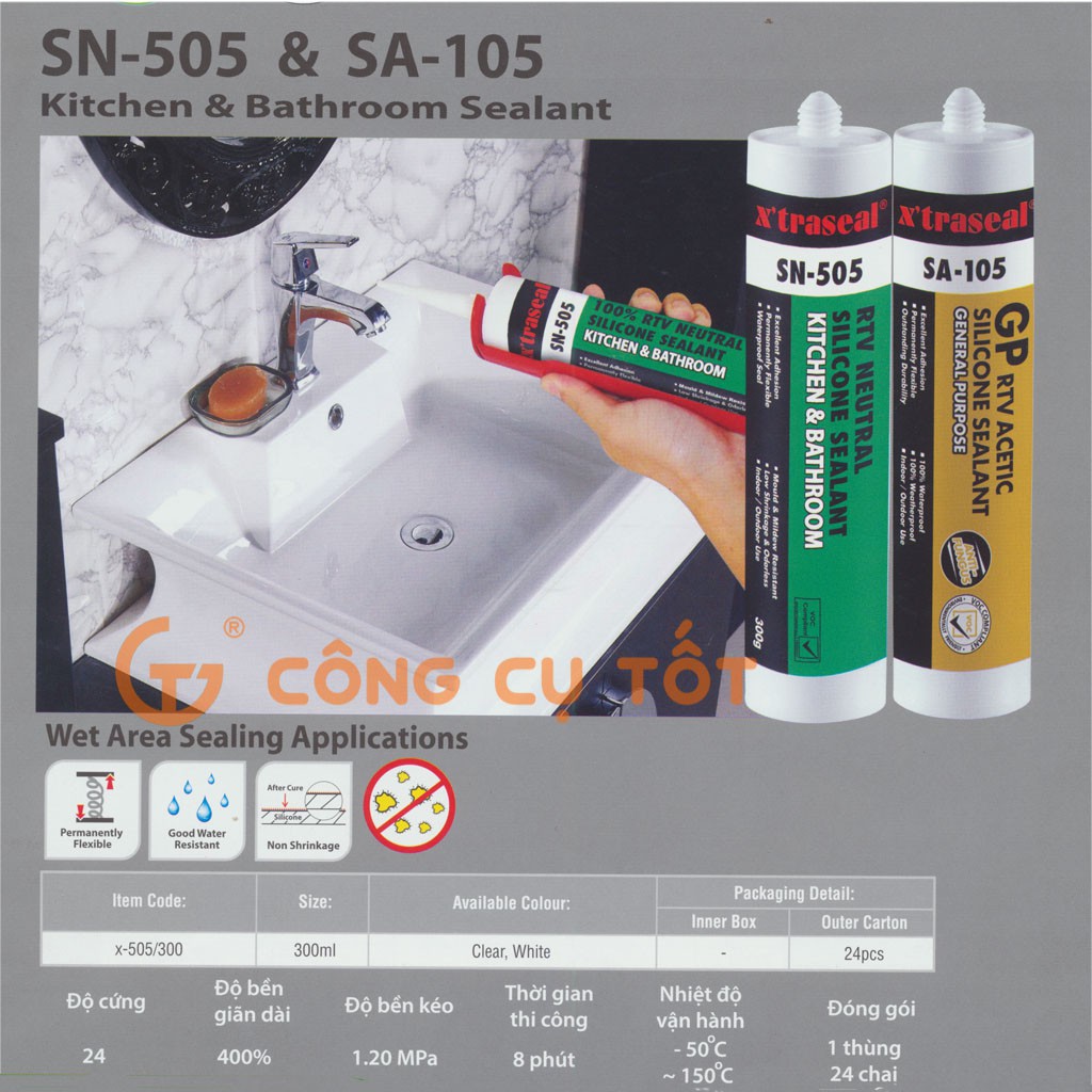 Keo silicone chống rêu mốc trung tính SN-505 X'traseal Malaysia cho nhà bếp