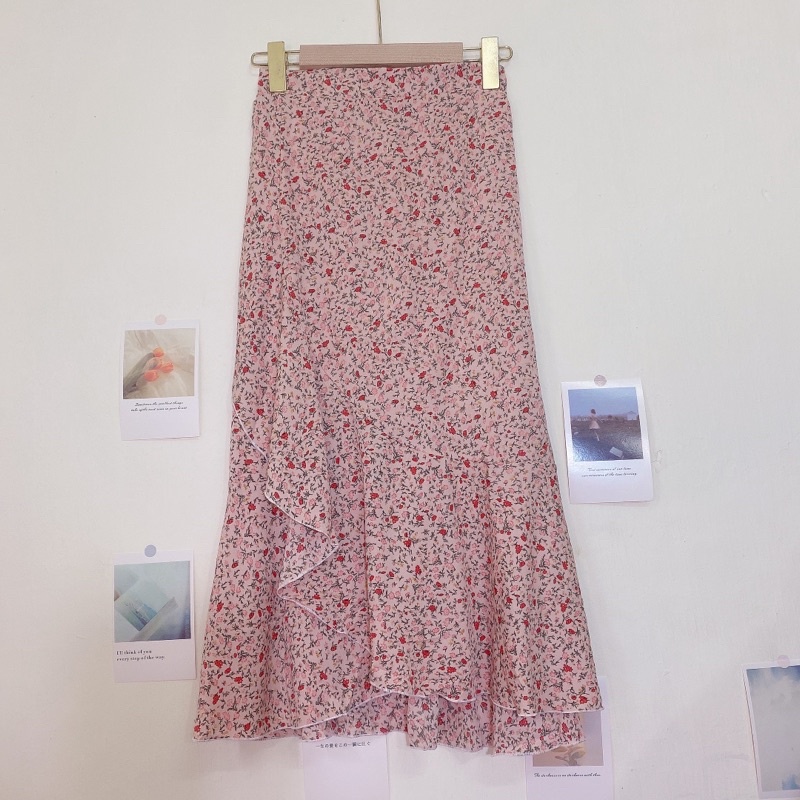 Chân váy hoa nhí bèo lưng chun dáng dài vintage QC - Lumii