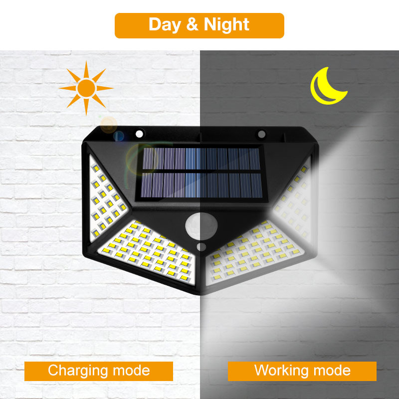 Đèn led gắn tường 100 bóng sử dụng năng lượng mặt trời cảm biến chuyển động chống nước ngoài trời kèm phụ kiện