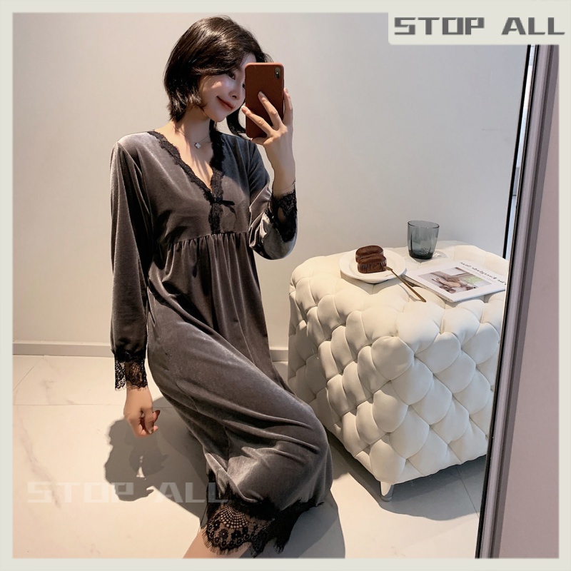 Đầm Ngủ Một Mảnh Dáng Dài Qua Gối Vải Nhung Mỏng Thời Trang Xuân Thu Cao Cấp
