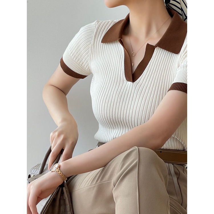 Áo thun Pure Cube polo tay ngắn cổ chữ V màu sắc tương phản chất lượng cao thời trang mùa hè dành cho nữ