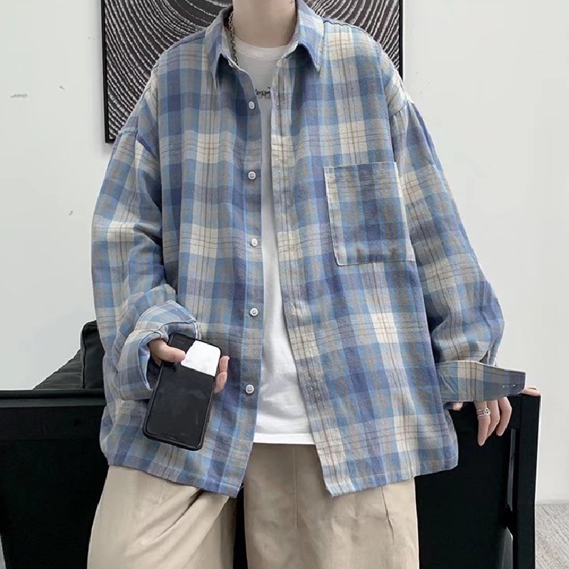 Áo sơ mi tay dài dáng rộng kẻ sọc caro phong cách Nhật Bản thời trang cho nam size M-3XL