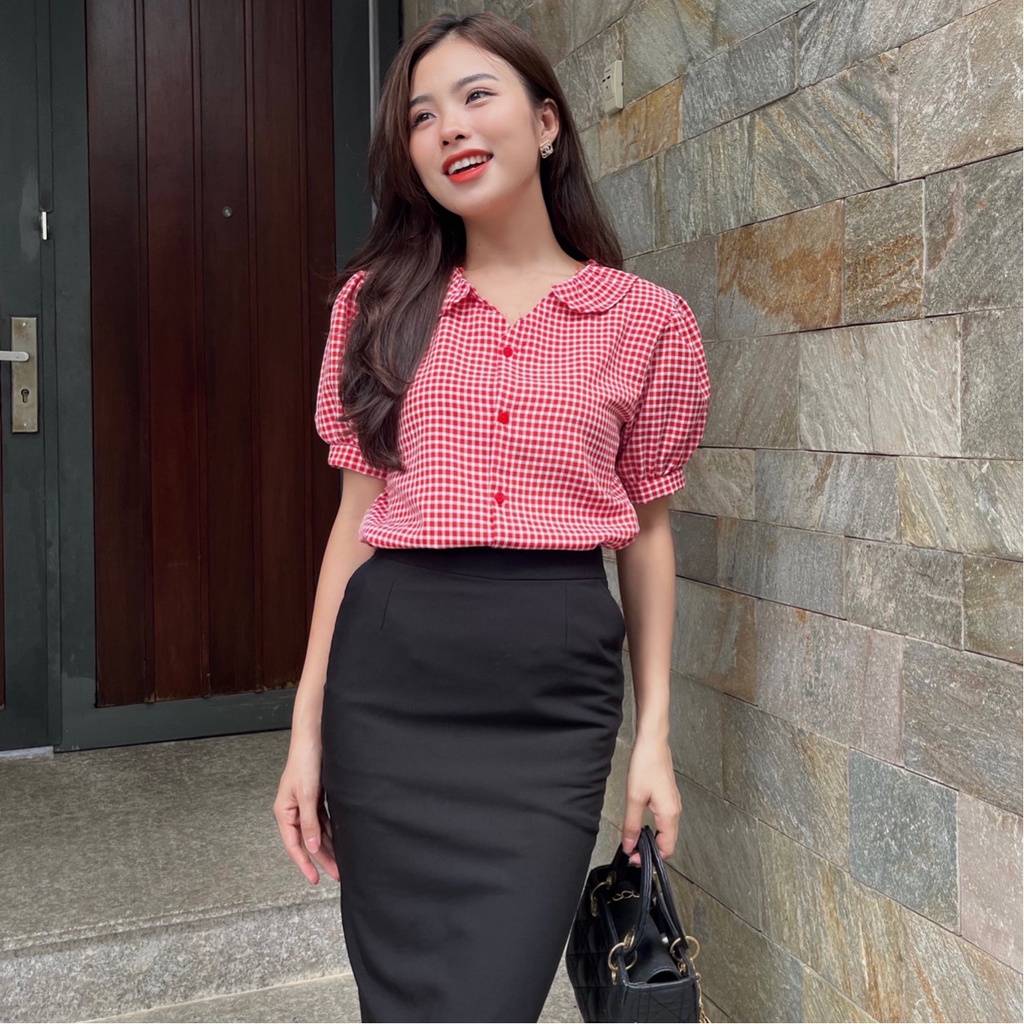 Áo Sơ Mi Nữ Tay Ngắn Kẻ Cổ Sen Chất Liệu Kate Cao Cấp Gloria House