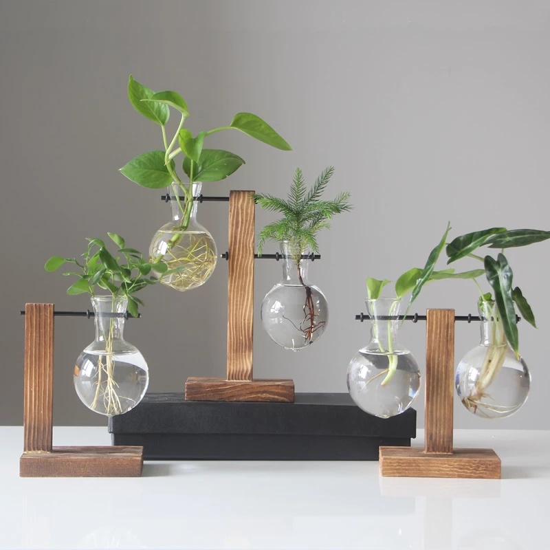 Lọ Hoa Thủy Tinh Mini Trong Suốt Để Bàn Trang Trí Nhà Cửa / Văn Phòng Kèm Khung Gỗ
