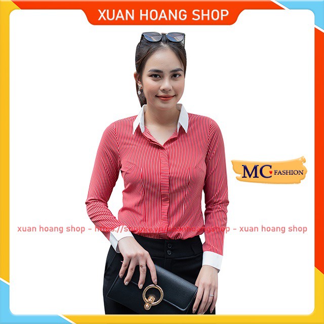 Áo Sơ Mi Nữ Đẹp Kiểu Công Sở Kẻ Sọc Dài Tay Mc Fashion, Trắng, Xanh Đen Tím Than, Đỏ, Size Đủ, Chất Vải Co Giãn Mát A629
