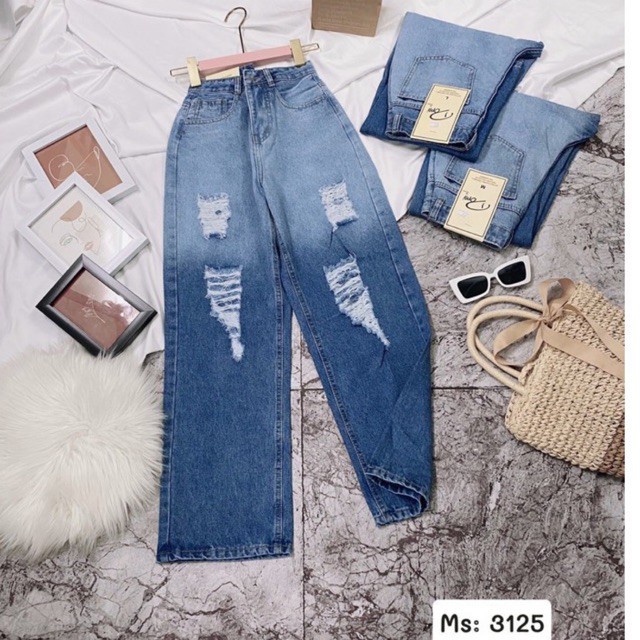 Quần Jeans Nữ - Quần Suông Jeans Ống Rộng Rách Kiểu Loang Màu Cực Đẹp, Chất Jeans Cotton Mềm Mịn, Thoáng Mát