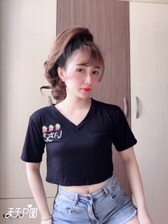 Áo Croptop Cổ tim thêu trái dâu