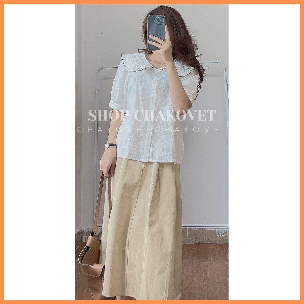 Áo kiểu nữ cổ bèo viền đen CKA836, kiểu sơ mi cổ tròn cộc tay cài cúc màu trắng be freesize mẫu mới mặc đẹp dáng xinh