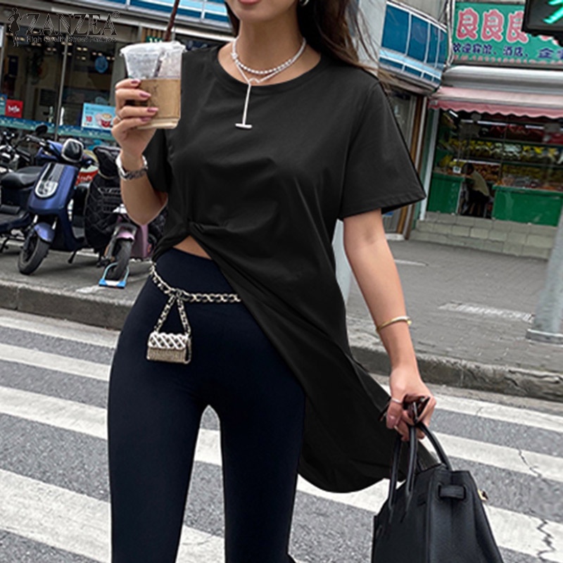 Áo thun dài ZANZEA thiết kế tay ngắn cổ tròn trơn màu dành cho nữ