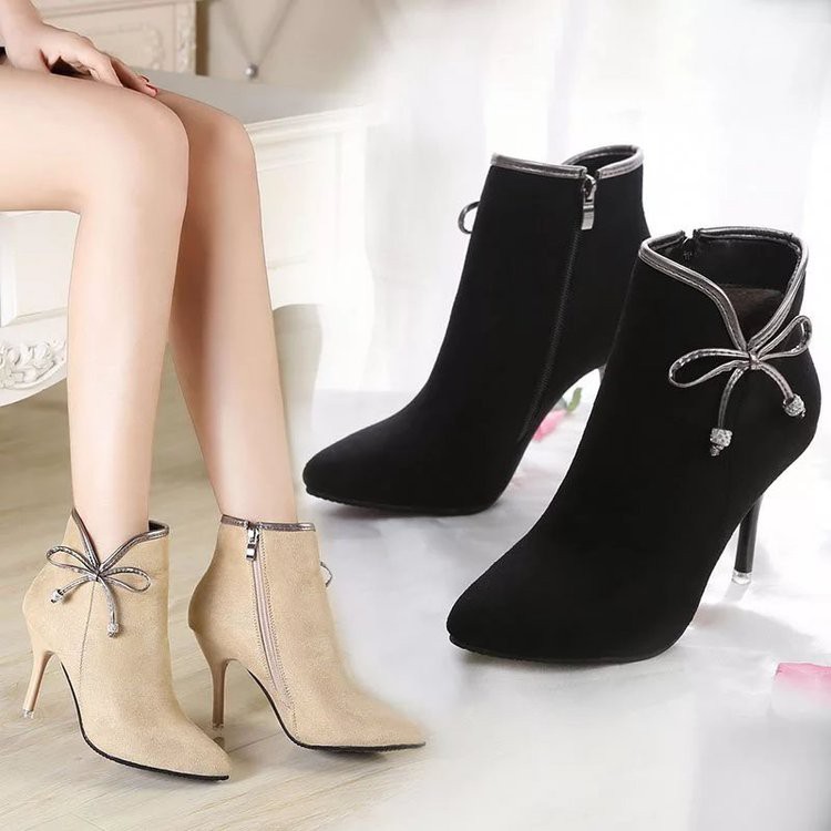 Boots cổ ngắn nữ, họa tiết hình nơ, mũi nhọn, gót nhỏ,