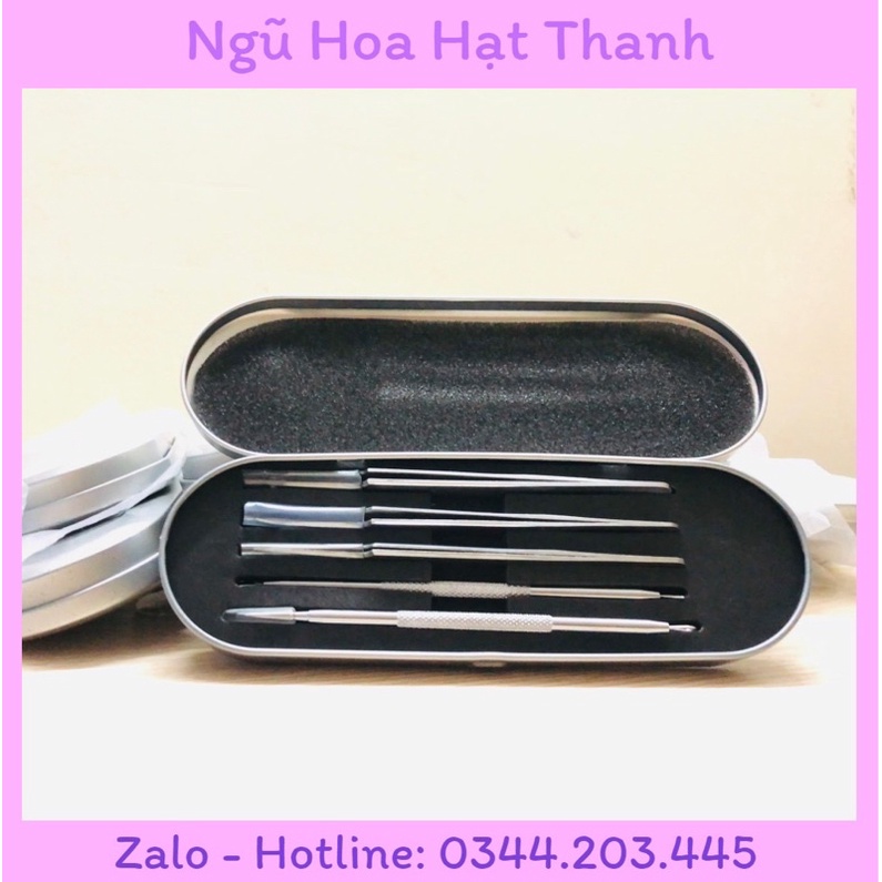 Bộ dụng cụ nặn mụn 5 món: 3 nhíp lấy mụn và 2 que nặn mụn cao cấp không gỉ